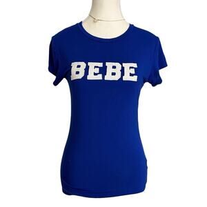 Bebe Embroidered Logo Patch Vintage 2000 Full Length Fitted Y2K Short Sleeve Top